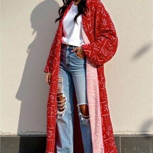 Red & White Printed Long Duster Coat